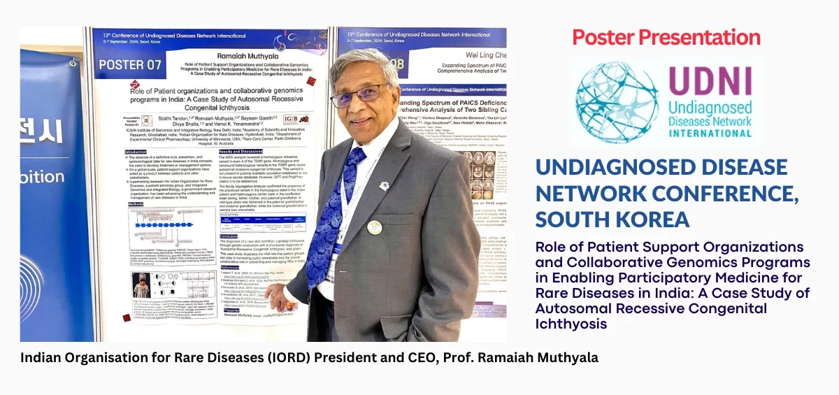 This extract is from a poster presented by Indian Organisation for Rare Diseases (IORD) President and CEO, Prof. Ramaiah Muthyala, titled: “Role of Patient Support Organizations and Collaborative Genomics Programs in Enabling Participatory Medicine for Rare Diseases in India: A Case Study of Autosomal Recessive Congenital Ichthyosis” at the Undiagnosed Disease Network Conference, South Korea (Sept 4–6, 2024).